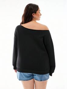 SHEIN EZwear 性感女士图案加大码露肩宽松休闲运动衫，适合秋冬季 - 黑色 - 查看 4