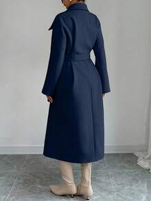 Elenzga 女士时尚优雅双排扣长款羊毛腰带 - 藏蓝色 - 查看 2