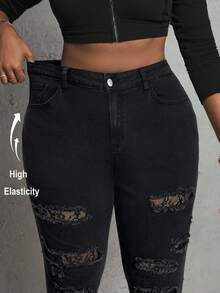 SHEIN EZwear 大码性感紧身弹力破洞蕾丝拼布牛仔裤 - 黑色 - 查看 3