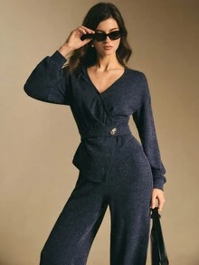 Poéselle 女式 V 领长袖不对称下摆休闲上衣和裤子两件套 - 藏蓝色 - 查看 4