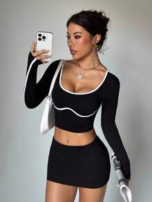 Dewbera Áo thun thể thao tập yoga co giãn cao không đường may - màu đen - Xem 6