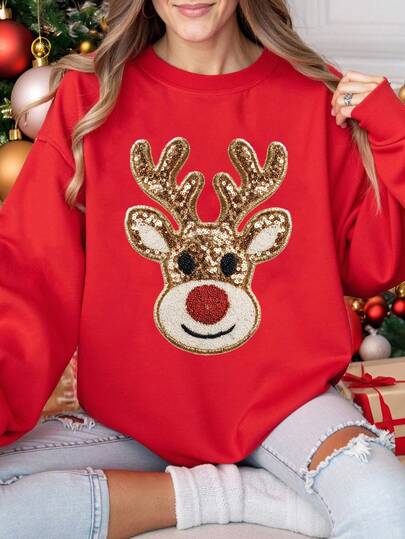 SHEIN 圣诞快乐女装时尚卡通可爱3圣诞老人图案印花保暖舒适圆领运动衫，适合圣诞派对，新年快乐