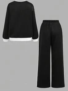 2 件套青少年女孩休闲运动家居服运动衫和阔腿运动裤套装，拼色超大圆领长袖连帽衫和裤子返校装，黑白