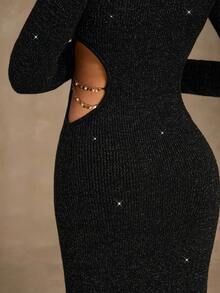 Glamine Robe en tricot brillante ajustée avec col montant, manches longues et découpe à la taille pour femmes, pour l'automne - Noir - Voir 5