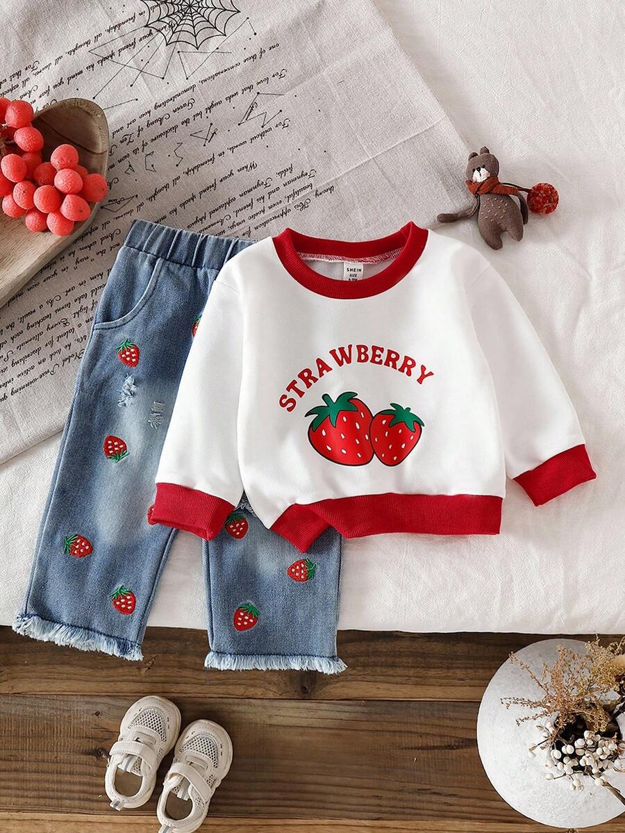 SHEIN 2件套女婴春秋草莓字母印花长袖上衣+全套草莓印花牛仔裤套装 - 白色 - 查看 1