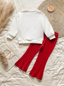 SHEIN Vintaside Kids 两件套女童字母印花卫衣和喇叭裤，休闲宽松户外运动套装，秋冬季 - 酒紅色 - 查看 2