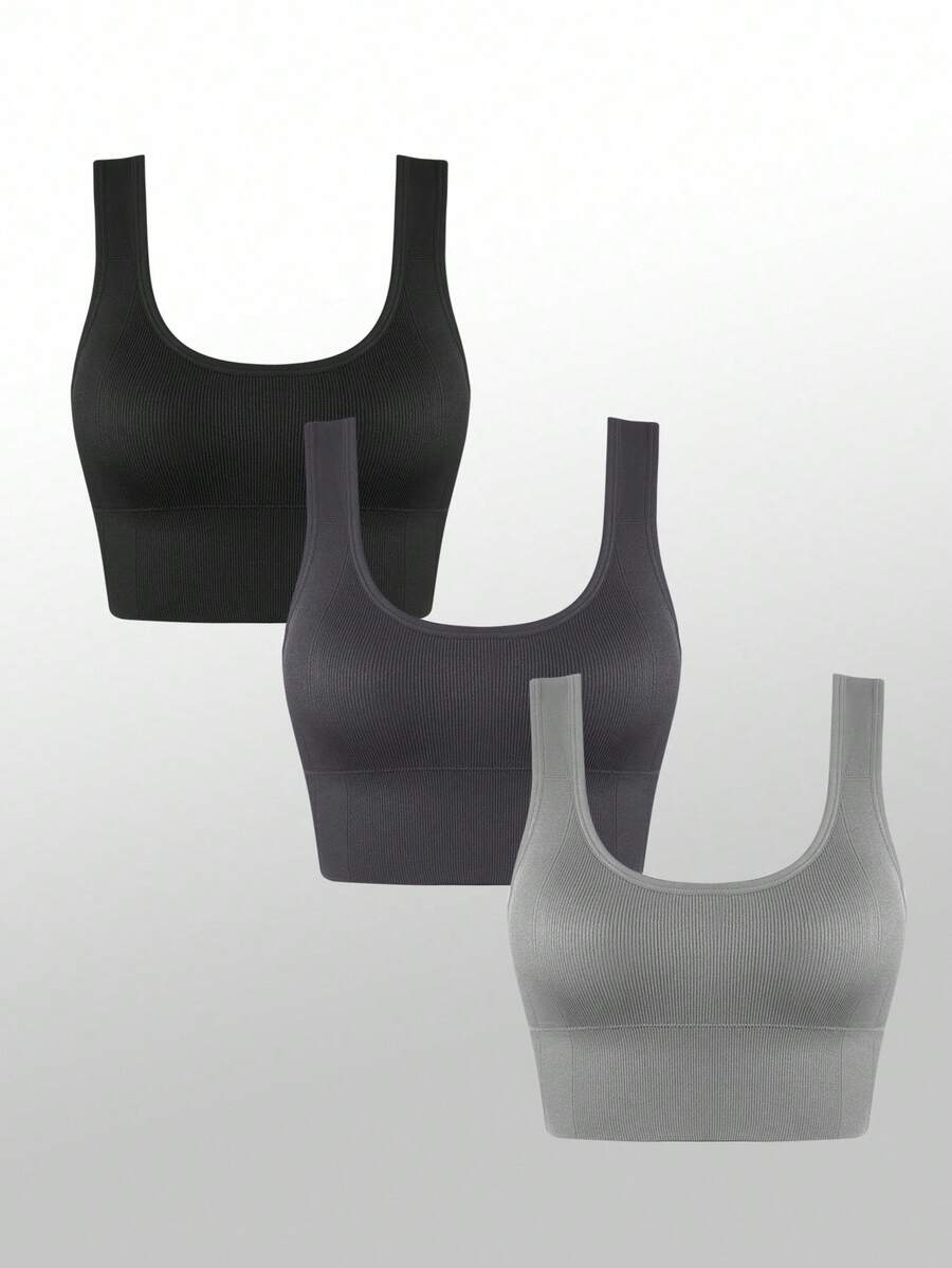 Easithlete 3件套+常规款运动文胸+吸湿排汗面料/罗纹设计/基本款/黑色/运动文胸/健身/无缝瑜伽 - 彩色 - 查看 1