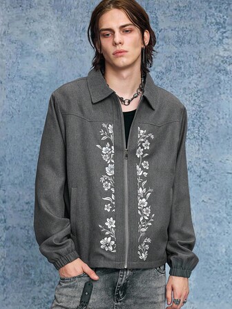 Grunge Punk Chaqueta casual con cremallera, cuello y manga larga con bordado floral para hombre, otoño