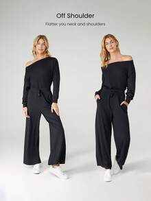 GLOWMODE Mono de pierna ancha de uso diario y casual con hombros descubiertos, cintura ajustable con cordón y efecto peek-a-boo, de tela tipo nube