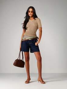 MISSGUIDED Atasan Crop Top Rajut Boucle Leher V Lengan Pendek, Sweater Kasual Musim Gugur Musim Dingin Bertekstur untuk Pakaian Sehari-hari, Pakaian Kantor Dasar Serbaguna - Khaki - View 5