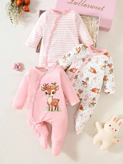Newborn Baby Girl's Autumn And Winter New Style Pink Round Neck Long-Sleeved Cartoon Cute Deer Print One-Piece Pants And Striped Long-Sleeved One-Piece Pants And Full-Body Printed Cartoon Deer Print Long-Sleeved One-Piece Pants Three-Piece Combination Set. Long-Sleeved Crawling Clothes Suitable For Home And Outdoor Activities
