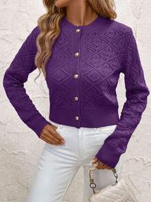 SHEIN Clasi Casual Solid Color Short Hollow-Out Knit Cardigan Autumn Winter Clothes For Women