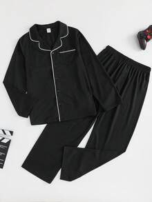 SHEIN 2件組兒童/青少年男孩黑白格紋睡衣套裝，冬季休閒日常舒適翻領開襟上衣與直筒長褲，適合秋冬 - 黑色 - 查看 3