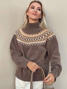 Livesso Pull oversize à col roulé avec motif Fair Isle pour femmes