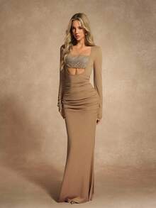 Almamuse Vestido largo con lentejuelas, escote bandeau y cintura calada para mujer, ideal para discoteca - Café - Ver 3