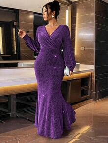 Cravure Vestido de sirena con adornos de strass en la cintura, elegante y de moda para fiestas, conjunto maxi para mujer - Morado - Ver 8