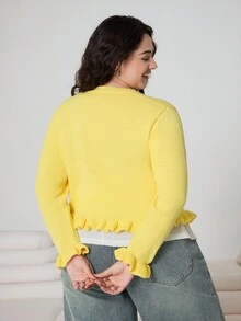 Solflare Cárdigan de talla grande de color liso con volantes, informal para otoño/invierno - Amarillo Mostaza - Ver 2