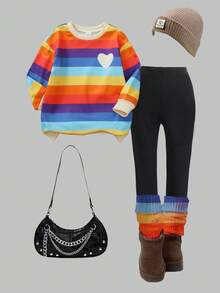 SHEIN Explorewe Young Girls Dress,Casual Long Sleeve Sweatshirt Dress With Plaid Skirt Hem,Ribbed Collar Patchwork,School,Orange,Autumn,Pride Month Spring/Autumn - Multicolor - View 1