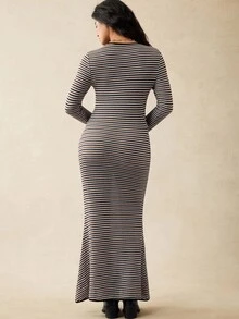 Boho Mama 孕妇条纹圆领长袖鱼尾下摆修身优雅连衣裙 - 棕色 - 查看 4