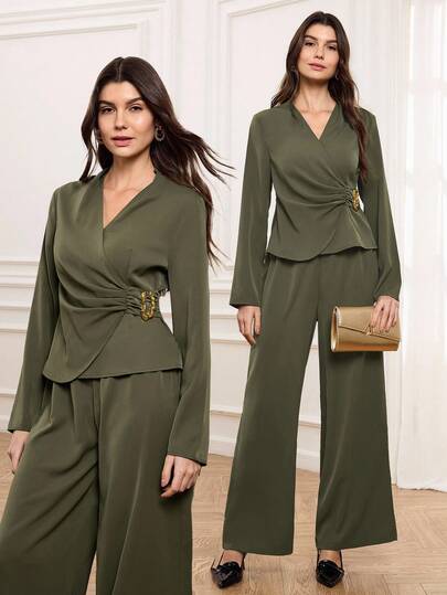Miaspire Conjunto elegante de 2 piezas para mujer, con top de estilo envolvente y pantalones de pierna recta, elegante para salir y reuniones, top decorado con botones metálicos de color verde oliva, traje elegante para damas