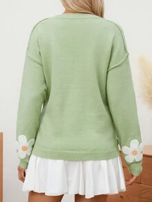 SHEIN Women Loose Fit Contrast Color Towel Embroidery Design Maternity Sweater, Long Sleeve Knitted Pullover For Autumn/Winter - Green - View 2