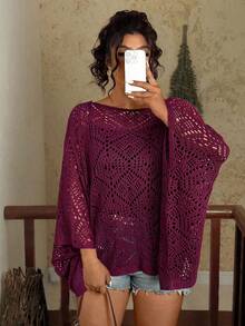 Travachic 秋冬大码纯色镂空针织圆领毛衣 - 酒紅色 - 查看 3