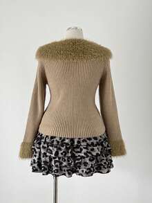Sunspun Plus Size Cardigan Fashionable Sweater Slimming Tie-Up Fuzzy Collar - Khaki - View 2