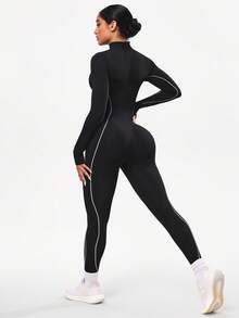 Seamluxe SHEIN Sport 1 件吸湿排汗无缝连体裤，基本款，黑白，适合运动、健身、瑜伽 - 黑色 - 查看 2
