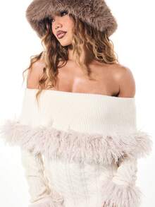 SUMWON WOMEN Winter Bardot Sweater Mini Dress Off Shoulder Cable Knit Feather Trim Party Evening Holiday Christmas Elegant Cozy Warm - White - View 6