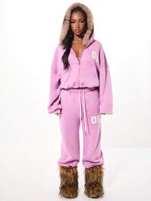 SUMWON WOMEN 毛绒毛皮衬里连帽超大拉链连帽衫短款冬季羊毛运动衫运动休闲家居服带抽绳 OS 徽标 - 紫丁香色 - 查看 3