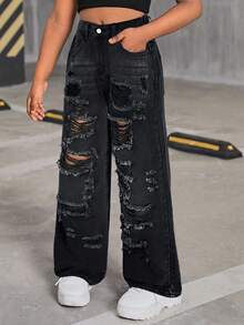 SHEIN Tween Girl Y2K Fashionable Retro Washed High Waist Distressed Ripped Straight Leg Jeans, Back To School Casual - Black - View 6