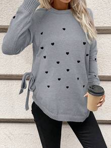 SHEIN Frenchy Damen Herzmuster Rundhals Langarm Lässig Pullover Herbst Winter Kleidung für Frauen