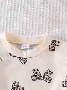 2pcs Baby Girls Knitted Ruffle Trim Long Sleeve Leopard Print Bow Sweatshirt & Leopard Print Long Sleeve Outfit, Fashionable Casual Children Everyday Wear - Apricot - View 4