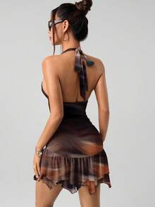 SHEIN ICON Váy yếm mini dành cho nữ, xếp ly, ngắn, viền bất đối xứng, họa tiết trừu tượng màu tối gợi cảm, thường ngày, thời trang, thanh lịch, đa năng, thoải mái, phù hợp cho mùa xuân và mùa thu - Nhiều màu - Xem 2