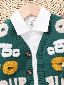 SHEIN 男婴/女婴简约字母图案柔软 V 领长袖针织开衫，休闲时尚，适合居家和户外，秋冬 - 墨綠色 - 查看 3