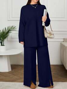 EURMUSE Women's Plus Size Solid Color Sweater And Knit Pants 2 Pieces Set - Navy Blue - View 7