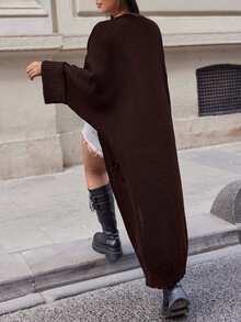 SHEIN Cottnline Plus Size Casual Solid Color Batwing Sleeve Long Cardigan, Autumn/Winter - Coklat - View 2