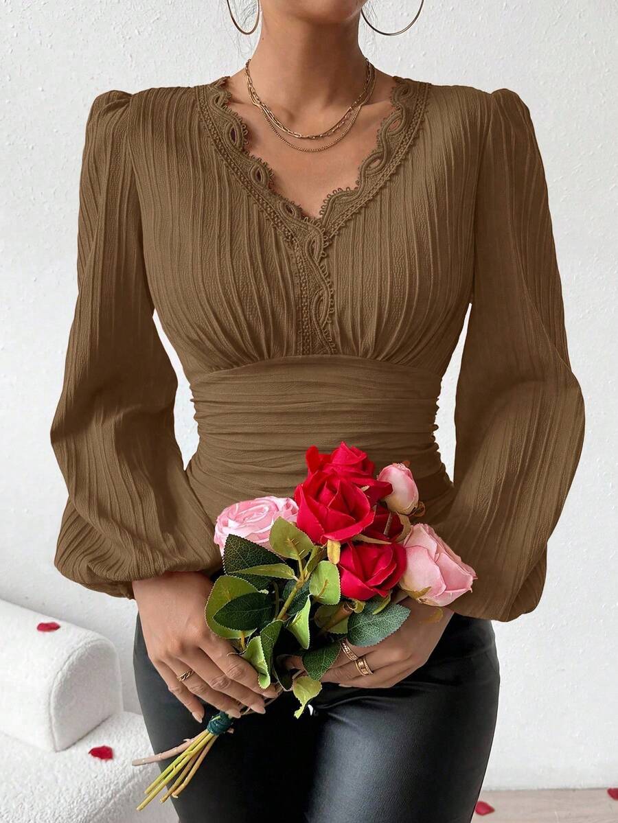 Xyvia Women's Elegant Solid Color Minimalist Long Sleeve Blouse, Everyday Wear - Brown - View 1