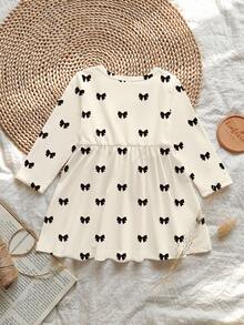 SHEIN Baby Girl Sweet Butterfly Print Round Neck Long Sleeve A-Line Dress, Suitable For Outings In Autumn