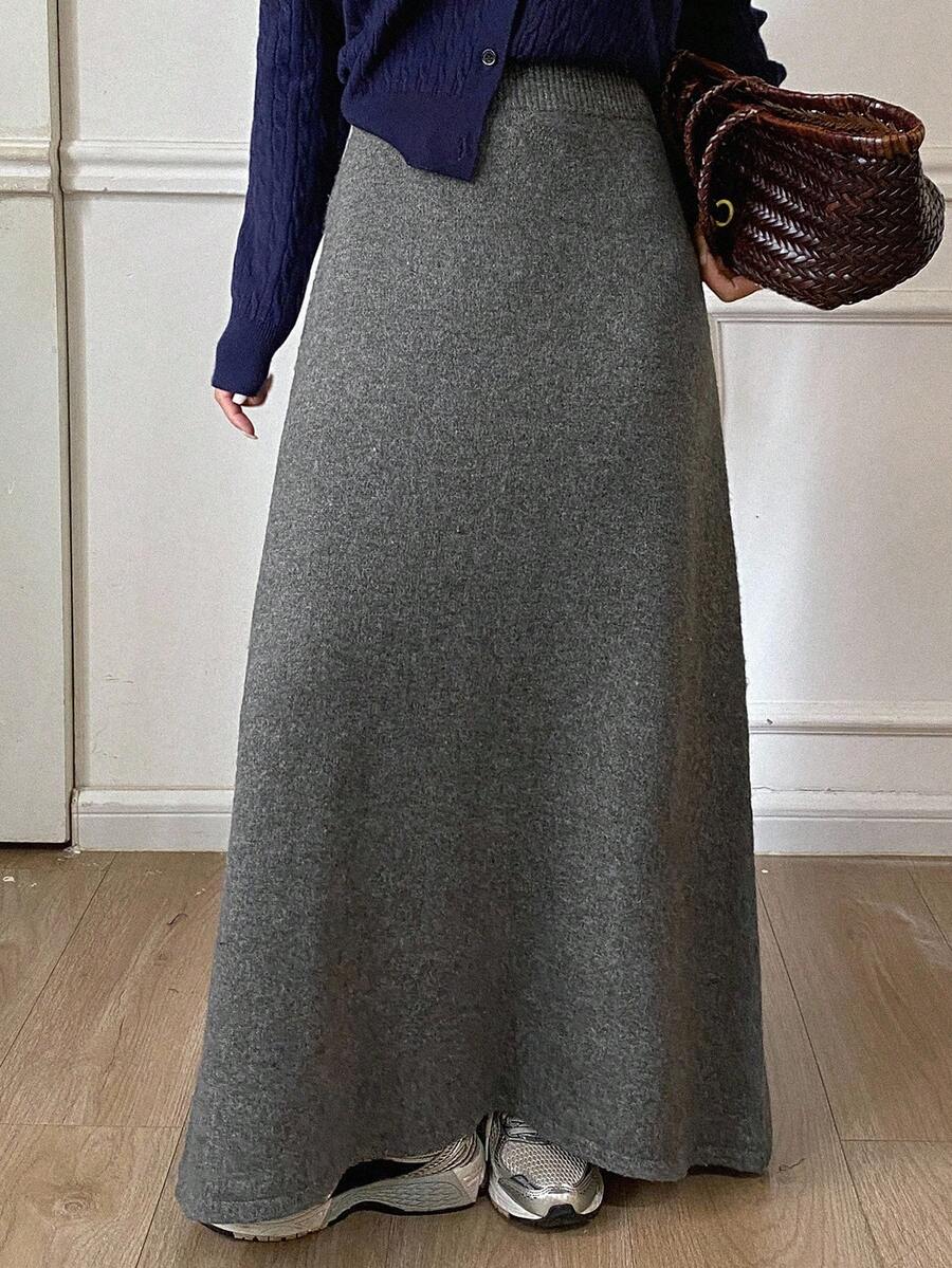 DAZY 女士纯色松紧腰休闲针织裙，秋冬 - 灰色 - 查看 1