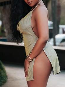 PeachySprinkles 垂領高衩露背繞頸金屬質感洋裝 - 金色 - 查看 6