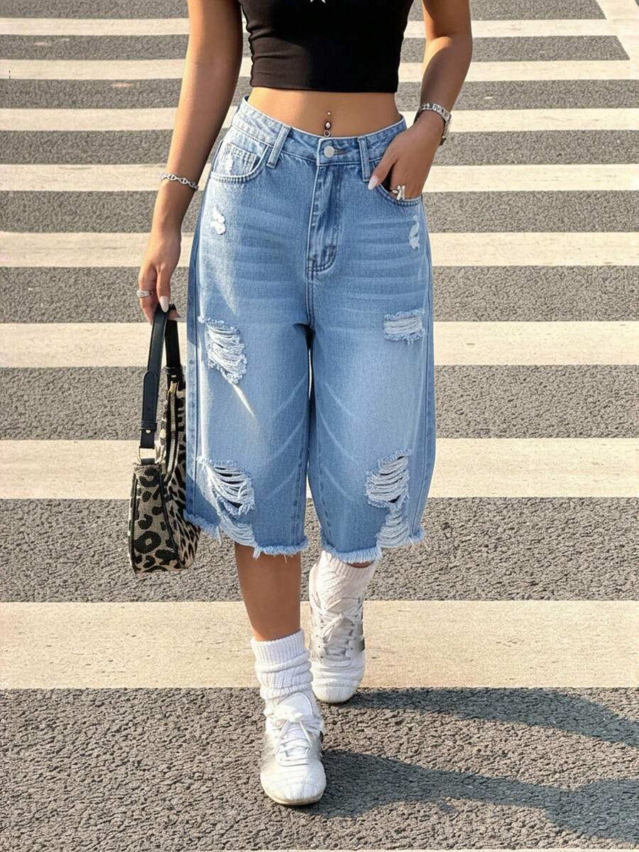 SHEIN ICON 女式做旧纯色磨边休闲牛仔短裤 - 中等水洗藍 - 查看 1