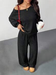 Muchica 女士纯色斜肩长袖上衣和裤子休闲套装 - 黑色 - 查看 8