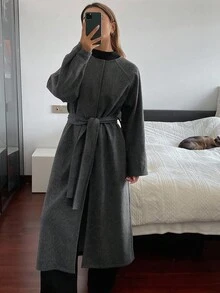 DAZY 女士秋季圆领系腰插肩袖针织毛衣女外套 - 灰色 - 查看 5