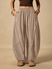Easelle 女士休闲斜插口袋毛边裤筒裤宽松裤肥大服纱布服装 - 駝色 - 查看 4