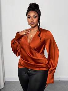 Maweii Blusa de moda con pliegues, cuello en V superpuesto y manga larga, de unicolor, para mujer de talla grande - Marrón - Ver 6