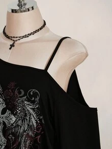 SHEIN ICON Casual Simple Cross Print Plus Size Women's Asymmetrical Shoulder Strap T-Shirt, Vintage Y2K Punk Style Dark Shoulder Top, Casual Outfit For Women, Spring/Autumn/Winter