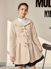 Tween Girls' Elegant Commuter Sailor Collar Bowknot Waist A-Line Princess Coat - Khaki - View 1