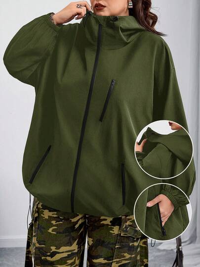 SHEIN CURVE+ Curves Plus Size/Chool Clothes/Back To School Clothes /Back To SchoolWomen Plus Size Drop Shoulder Drawstring Zip Up Hooded Jacket, Autumnfall Clothes For Women,Winter,CURVE PLUS