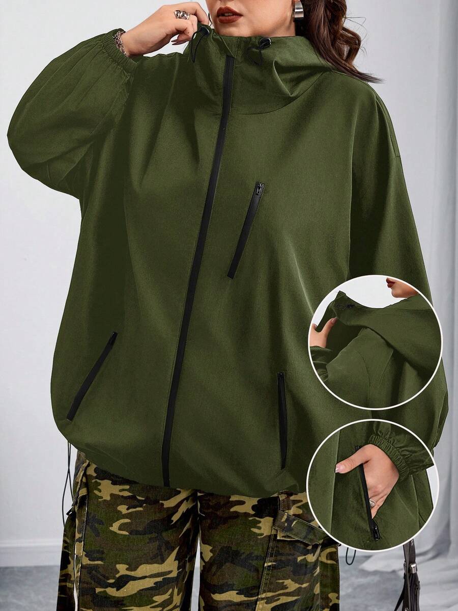 SHEIN CURVE+ Áo khoác có mũ trùm đầu Curves Plus Size/Quần áo đi học/Quần áo trở lại trường/Áo khoác có mũ trùm đầu dây rút vai trễ dành cho nữ cỡ lớn, Quần áo mùa thu dành cho nữ, Mùa đông, CURVE PLUS - xanh quân đội - Xem 1